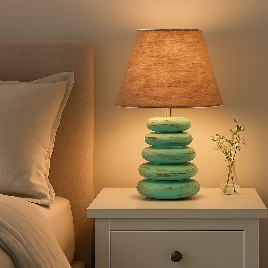 Homes Elite Rustic Stacked Stone Table Lamp Turquoise Base with Burlap Shade for Cozy Bedroom Décor