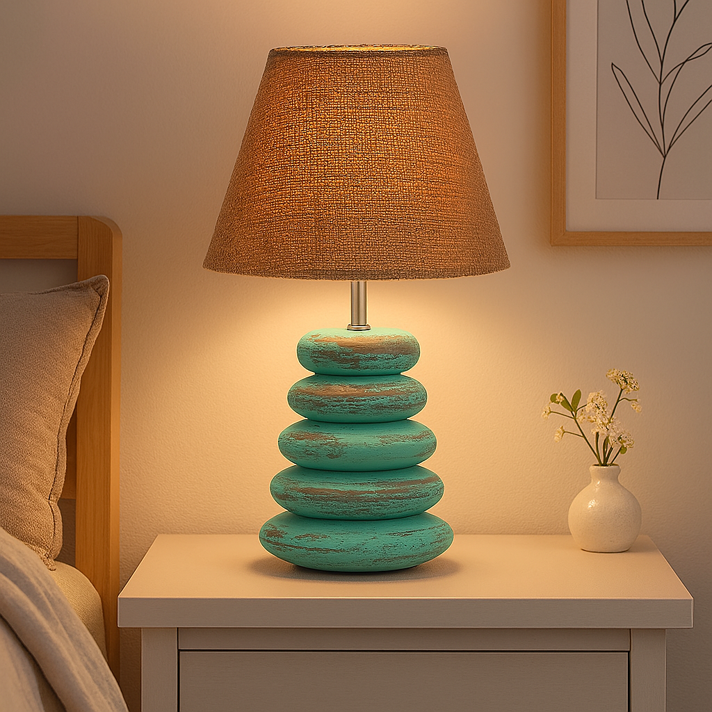 Homes Elite Rustic Stacked Stone Table Lamp Turquoise Base with Burlap Shade for Cozy Bedroom Décor