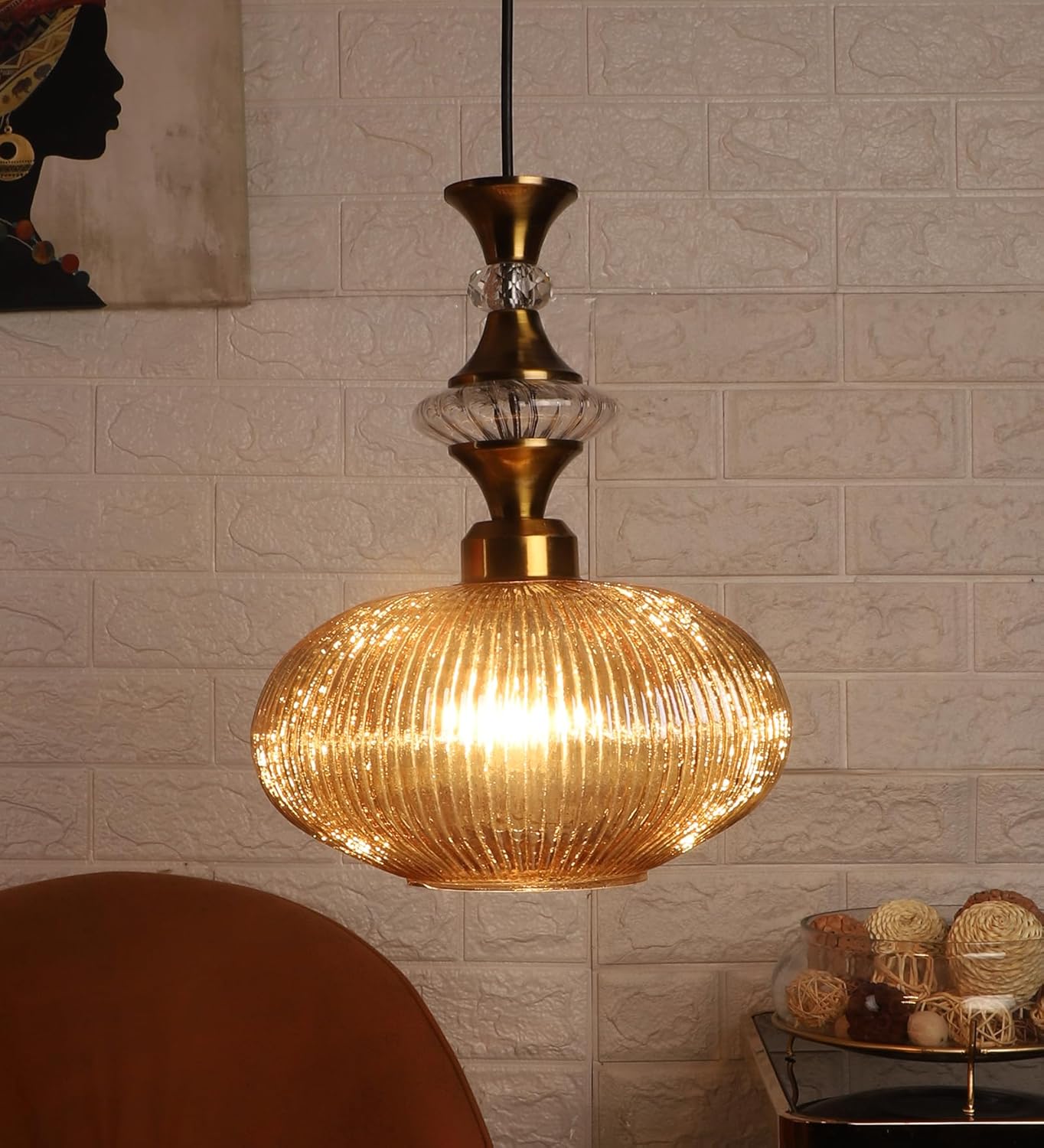 Homes Elite Vintage Amber Glass Pendant Light Mid-Century Modern Hanging Lamp with Brass & Crystal Accents