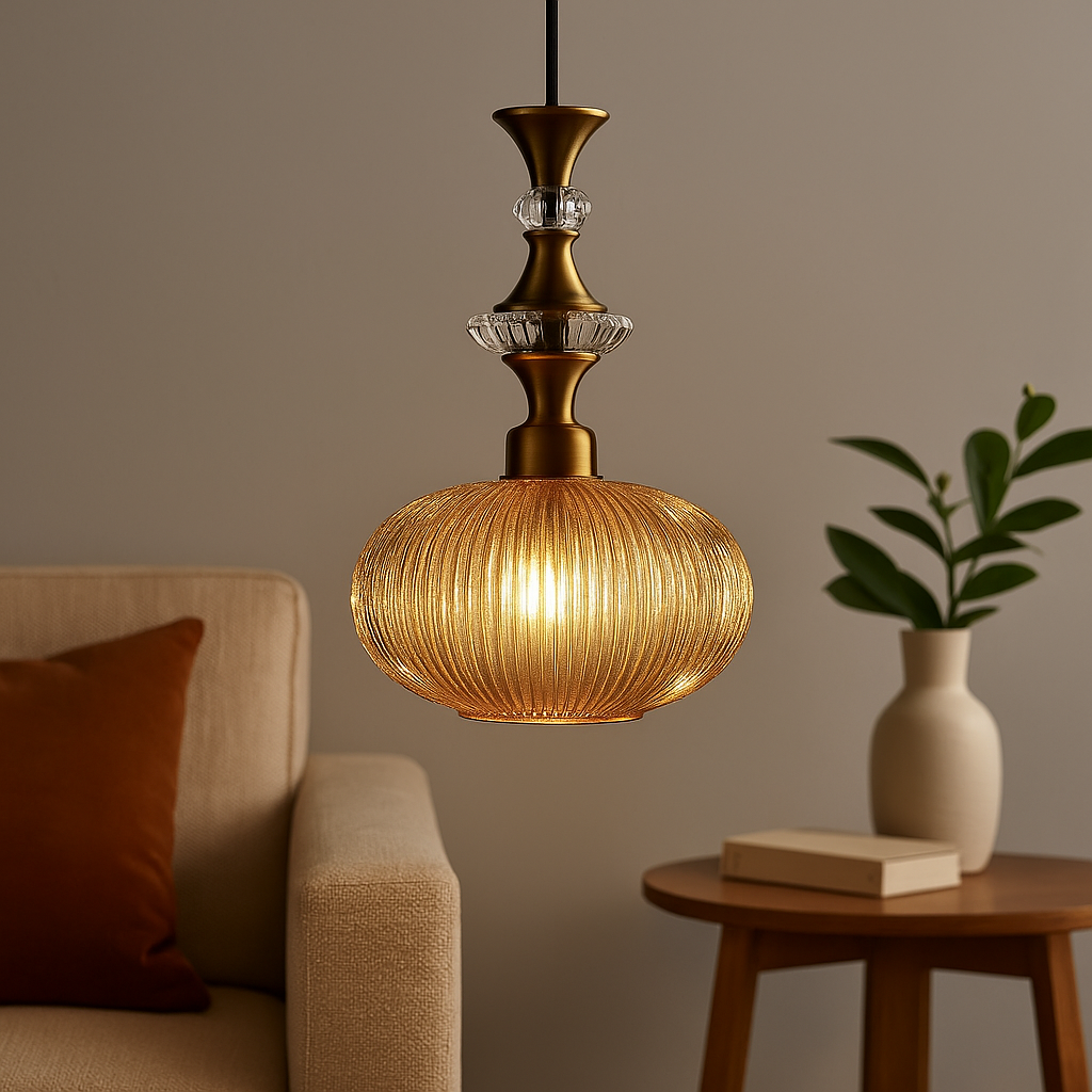 Homes Elite Vintage Amber Glass Pendant Light Mid-Century Modern Hanging Lamp with Brass & Crystal Accents