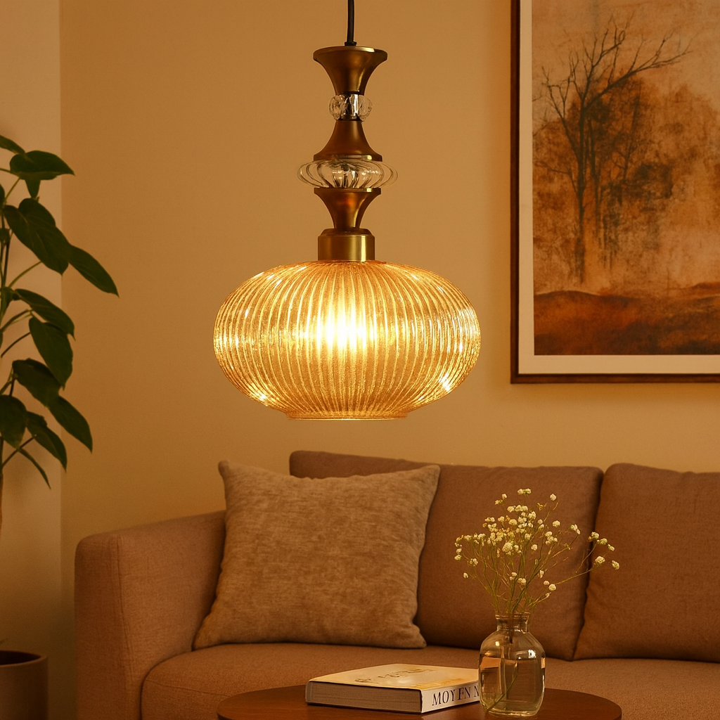 Homes Elite Vintage Amber Glass Pendant Light Mid-Century Modern Hanging Lamp with Brass & Crystal Accents