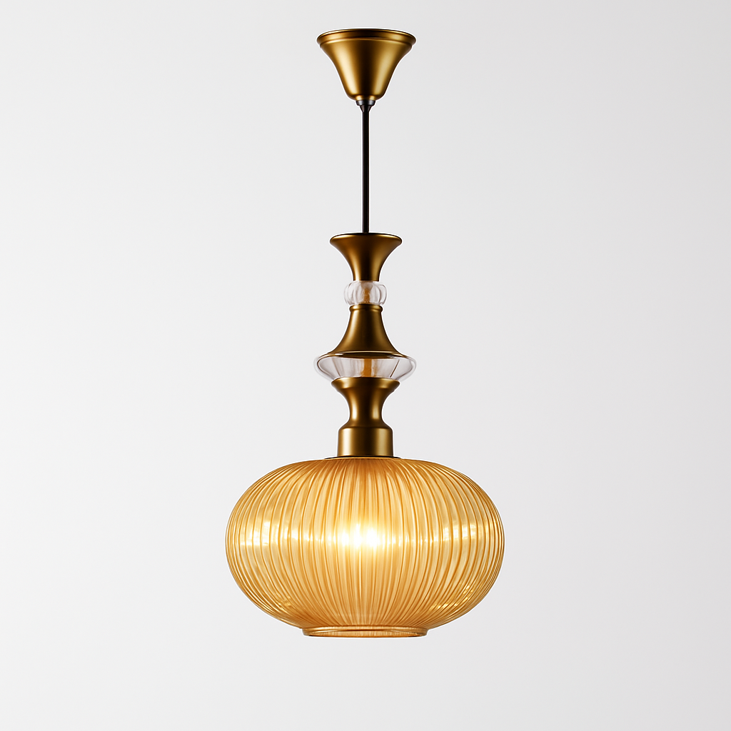 Homes Elite Vintage Amber Glass Pendant Light Mid-Century Modern Hanging Lamp with Brass & Crystal Accents