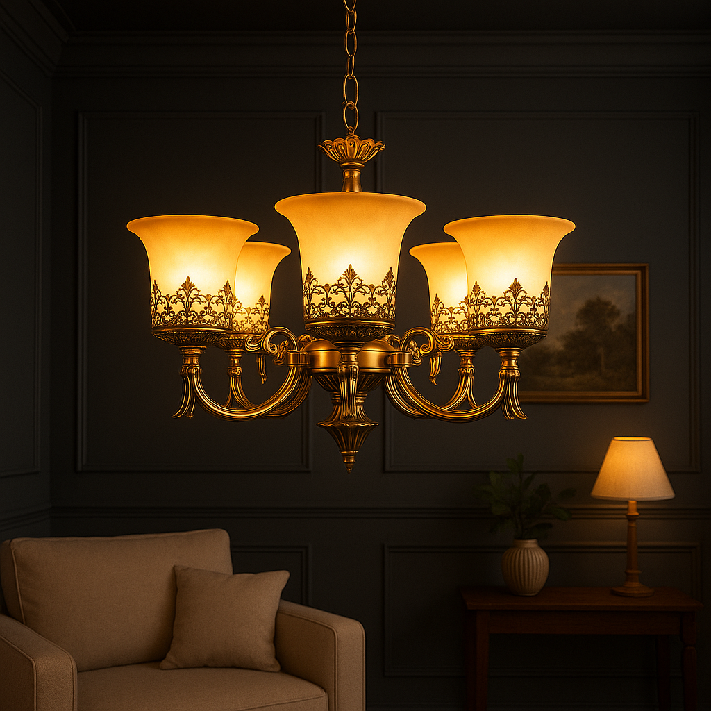 Homes Elite Vintage Brass 5-Light Chandelier with Etched Glass Shades