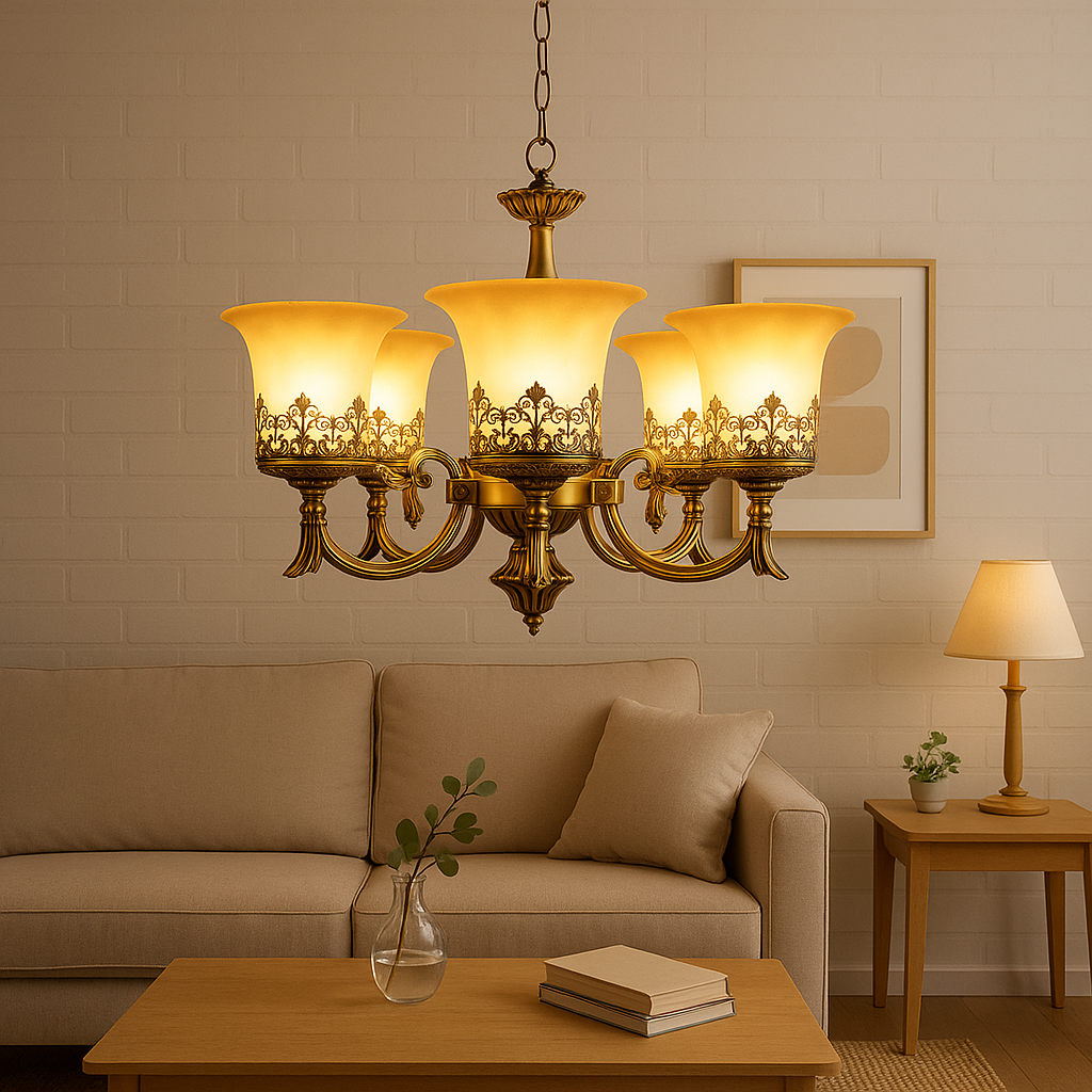 Homes Elite Vintage Brass 5-Light Chandelier with Etched Glass Shades