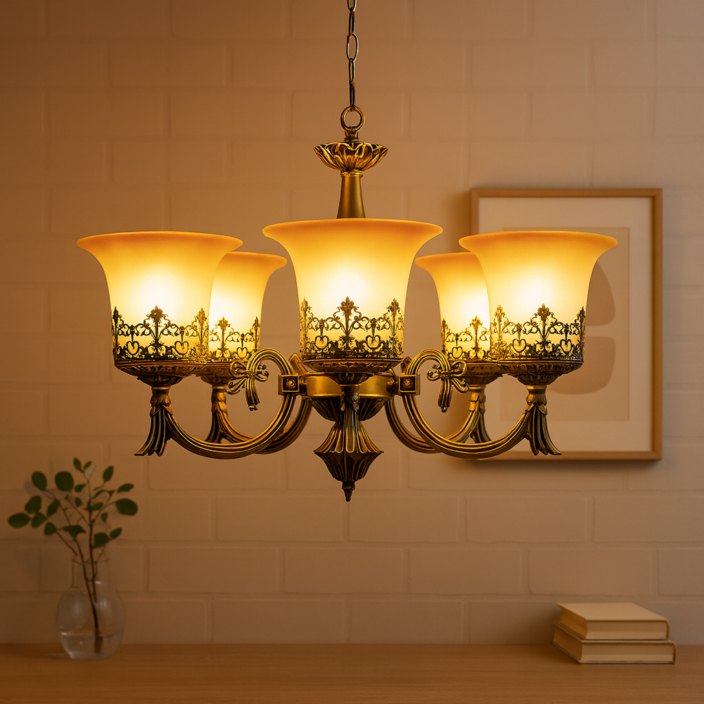 Homes Elite Vintage Brass 5-Light Chandelier with Etched Glass Shades