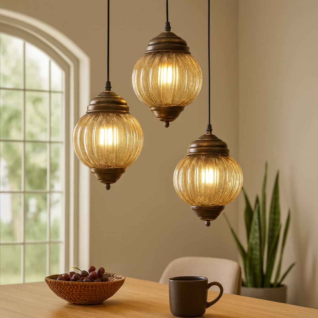 Homes Elite Vintage Globe Pendant Light 3-Light Cluster with Amber Glass and Bronze Finish