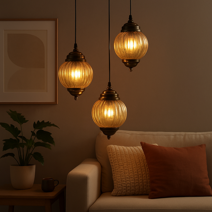 Homes Elite Vintage Globe Pendant Light 3-Light Cluster with Amber Glass and Bronze Finish