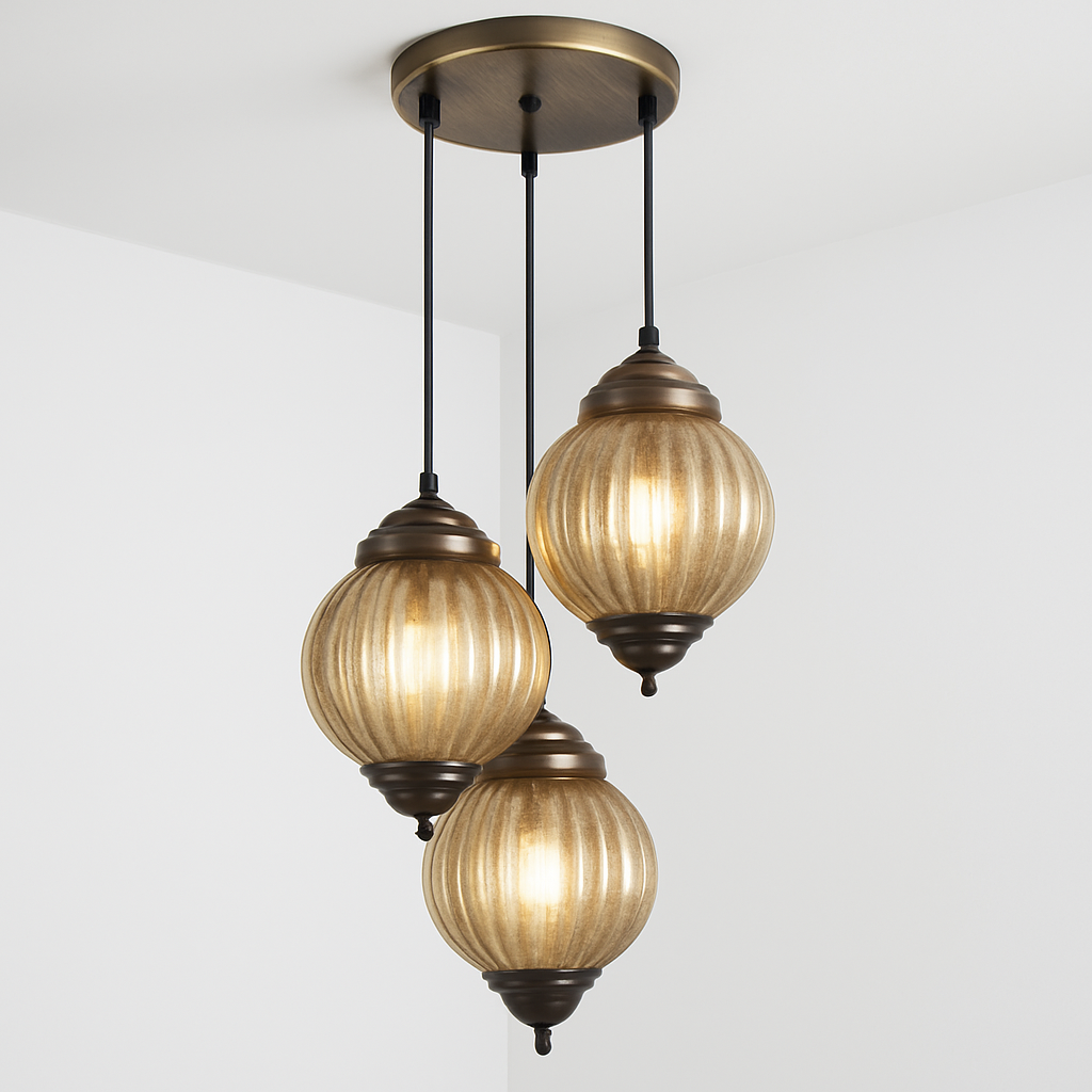 Homes Elite Vintage Globe Pendant Light 3-Light Cluster with Amber Glass and Bronze Finish
