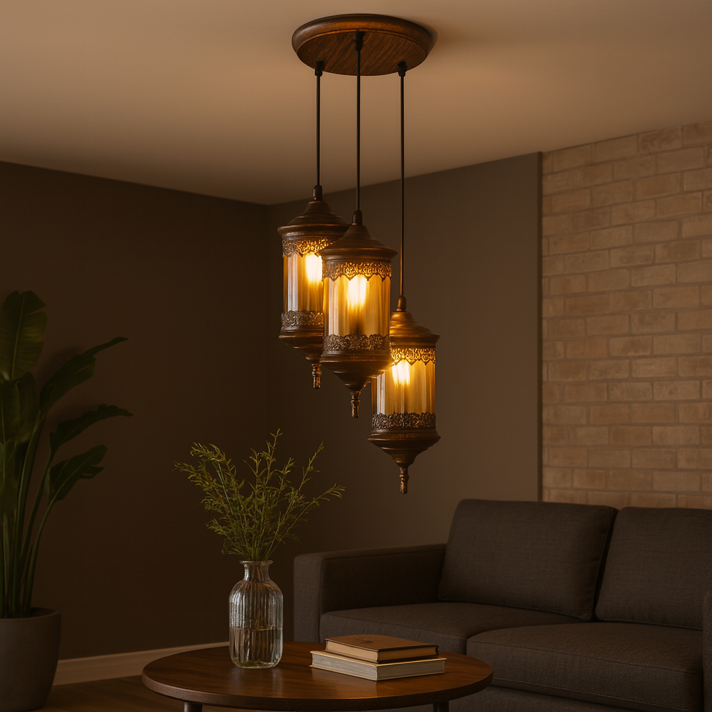 Homes Elite Vintage Moroccan Lantern Pendant Light 3-Light Cluster with Antique Brass Finish