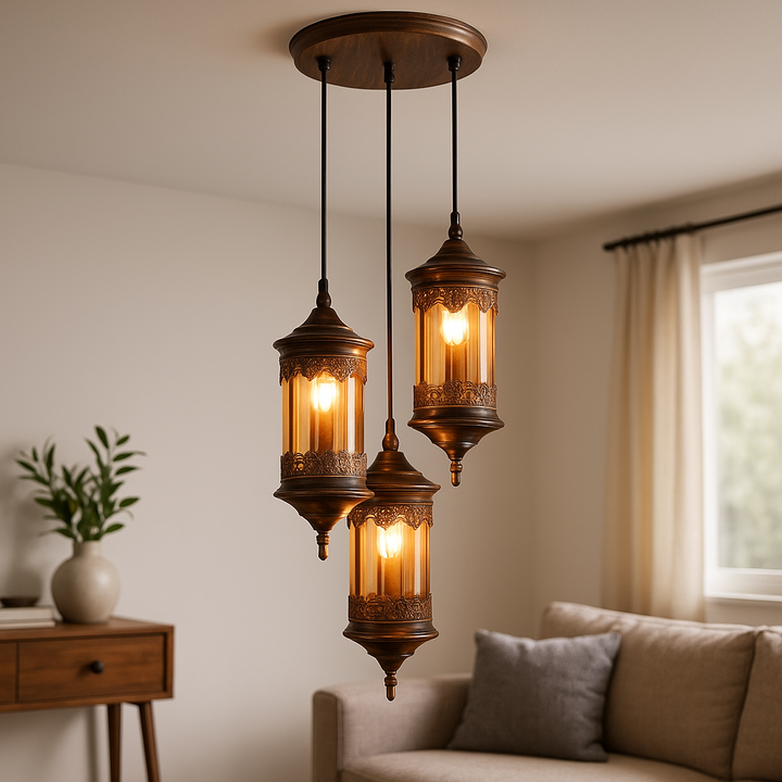 Homes Elite Vintage Moroccan Lantern Pendant Light 3-Light Cluster with Antique Brass Finish