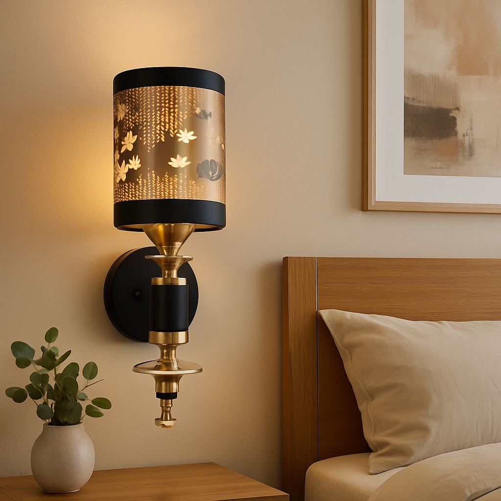 Homes Elite Lotus Pattern Wall Lamp Black & Gold Metal Shade with Floral Cutwork