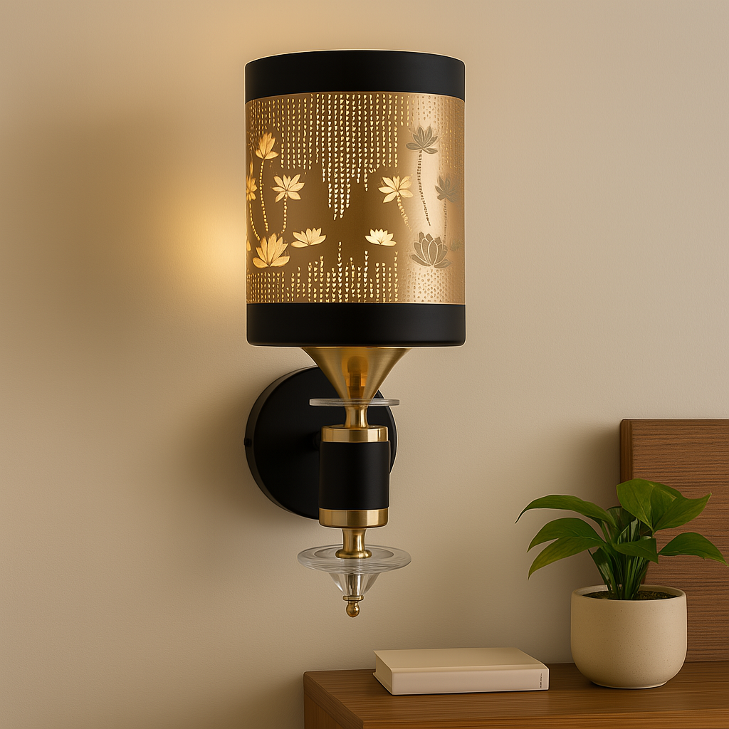 Homes Elite Lotus Pattern Wall Lamp Black & Gold Metal Shade with Floral Cutwork