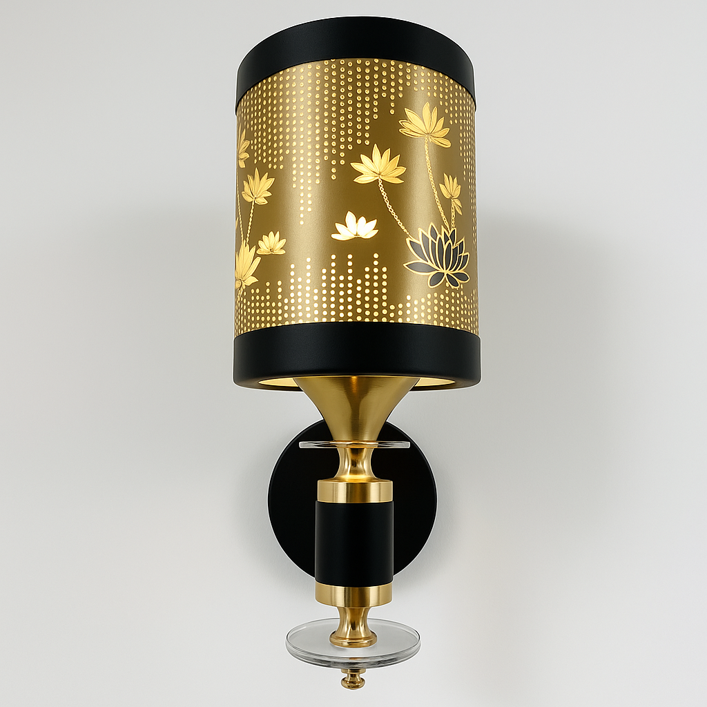 Homes Elite Lotus Pattern Wall Lamp Black & Gold Metal Shade with Floral Cutwork