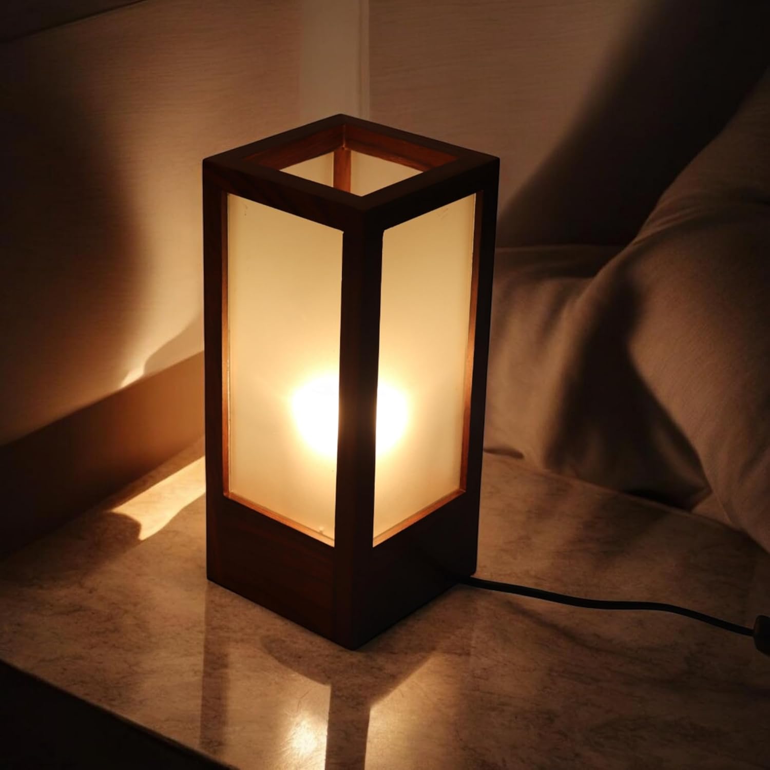 Homes Elite Modern Wooden Frame Table Lamp with Frosted Panels Warm Ambient Lighting for Bedroom or Living Room