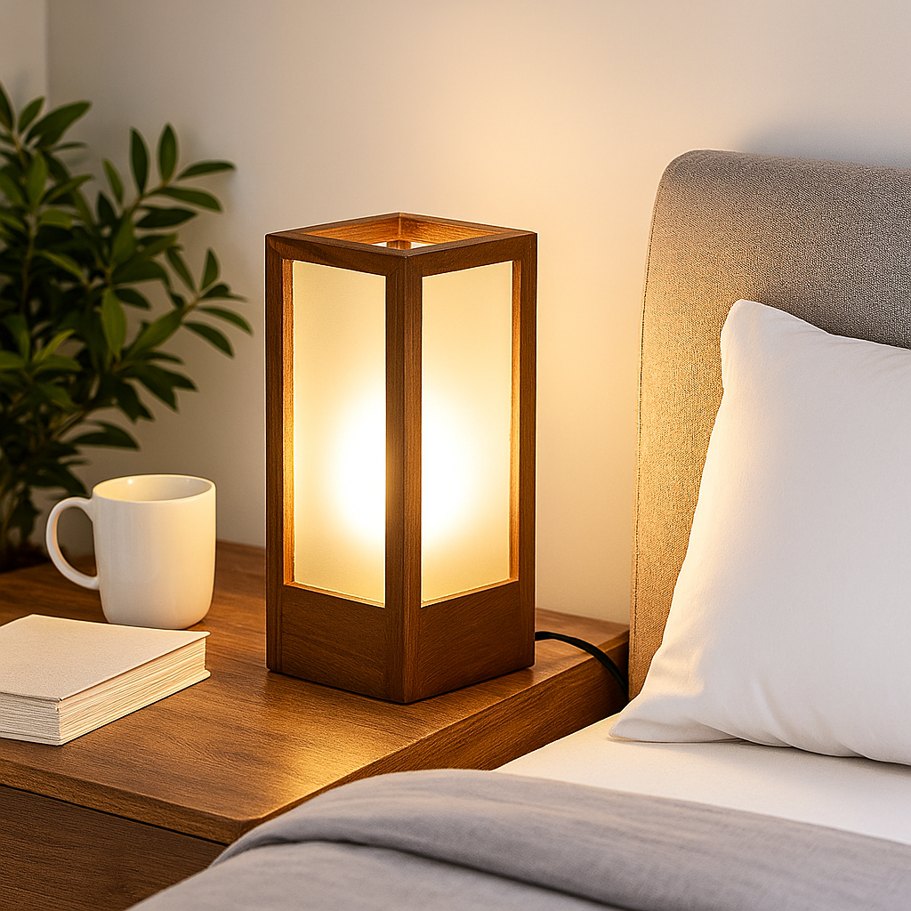 Homes Elite Modern Wooden Frame Table Lamp with Frosted Panels Warm Ambient Lighting for Bedroom or Living Room