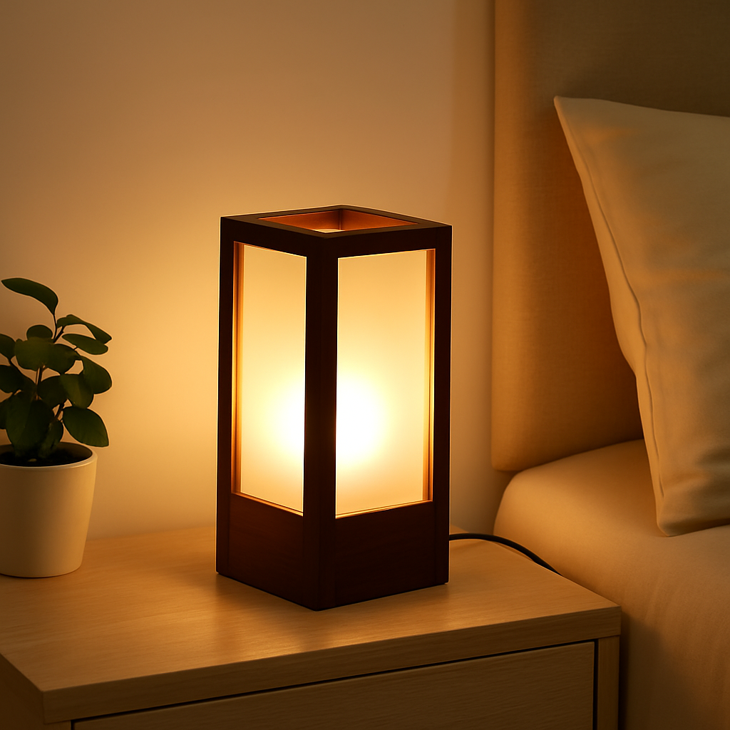 Homes Elite Modern Wooden Frame Table Lamp with Frosted Panels Warm Ambient Lighting for Bedroom or Living Room