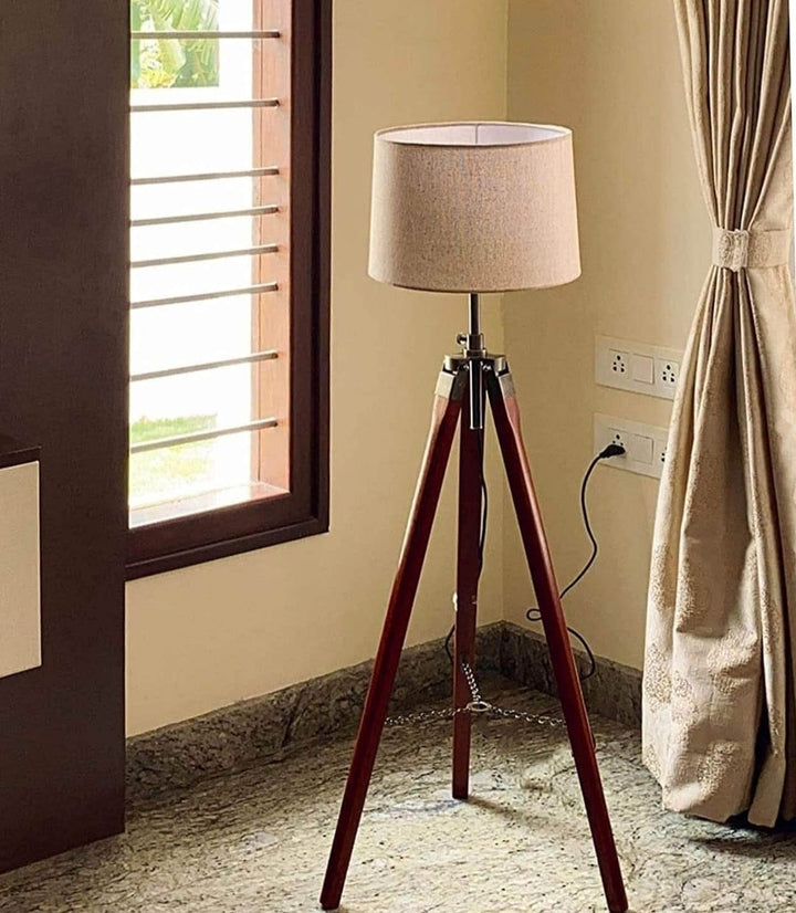 Homes Elite Vintage Wooden Tripod Floor Lamp with Beige Fabric Shade