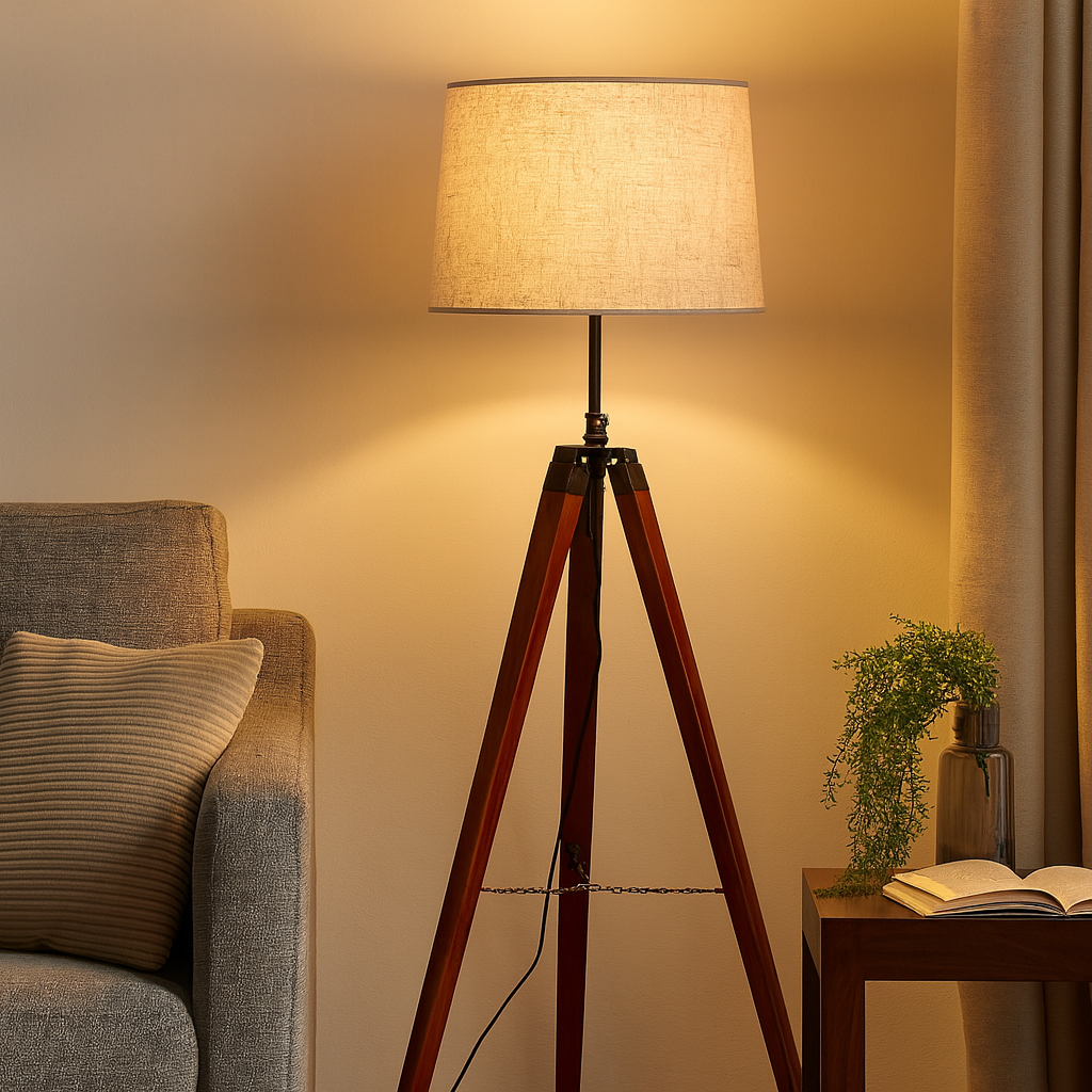 Homes Elite Vintage Wooden Tripod Floor Lamp with Beige Fabric Shade