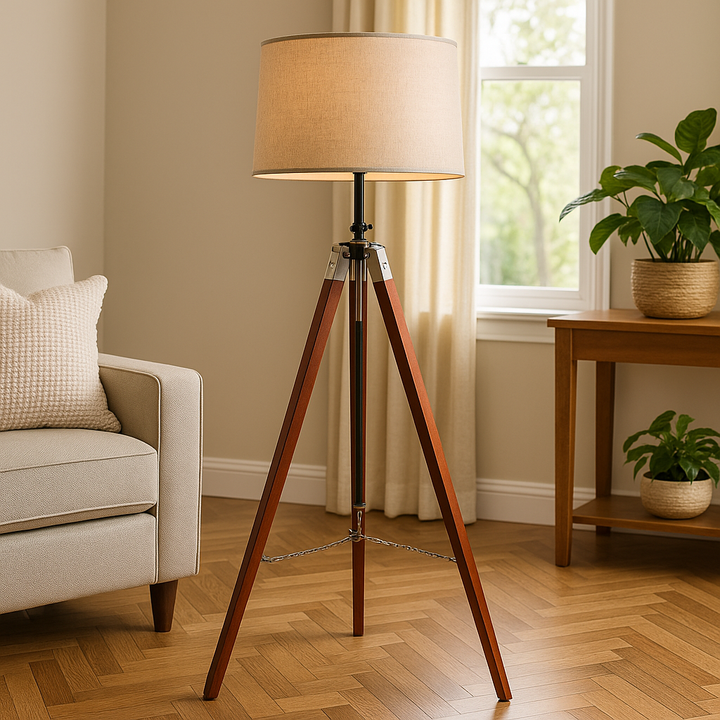 Homes Elite Vintage Wooden Tripod Floor Lamp with Beige Fabric Shade