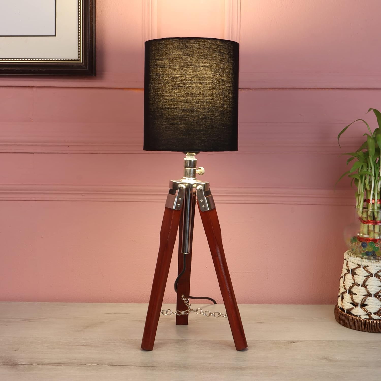 Homes Elite Vintage Wooden Tripod Table Lamp with Black Fabric Shade