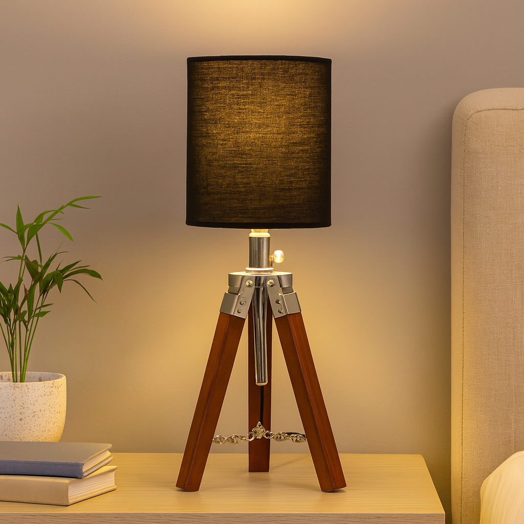 Homes Elite Vintage Wooden Tripod Table Lamp with Black Fabric Shade