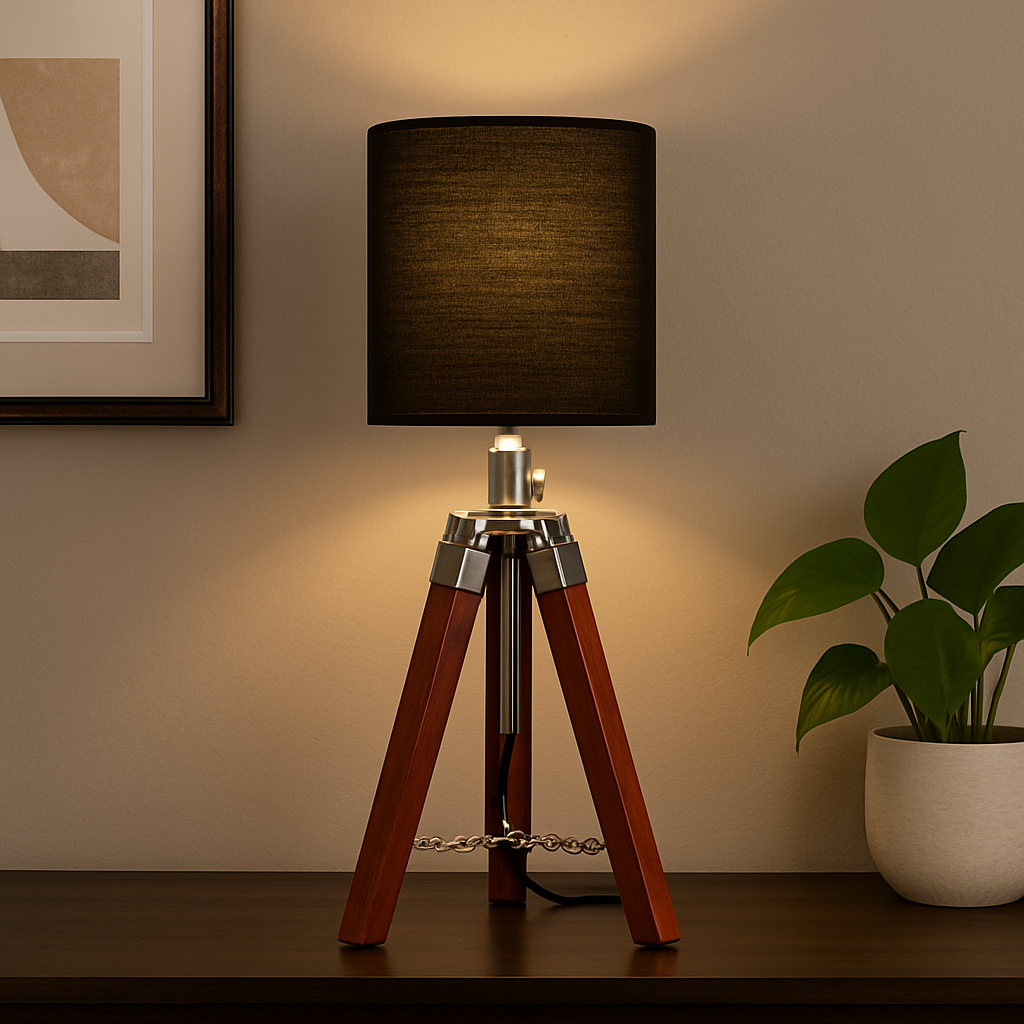 Homes Elite Vintage Wooden Tripod Table Lamp with Black Fabric Shade