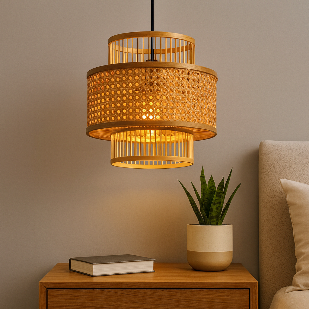 Homes Elite Boho Rattan Woven Pendant Light Natural Cane Hanging Lamp for Bedroom or Living Room