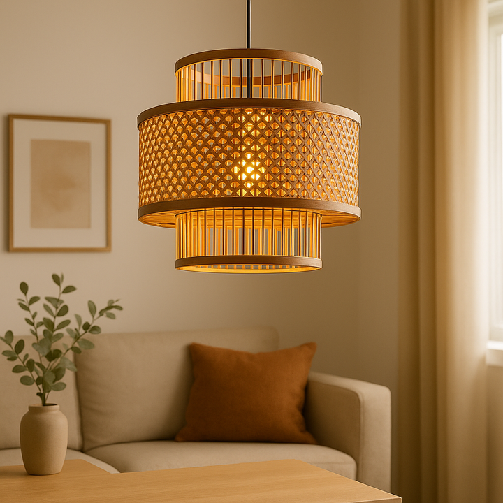 Homes Elite Boho Rattan Woven Pendant Light Natural Cane Hanging Lamp for Bedroom or Living Room