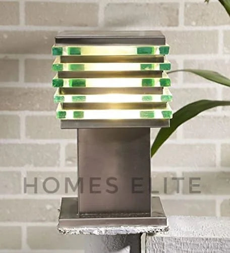 Homes Elite Outdoor Gate Light – Stainless Steel Pillar Lamp with Glass Shade, Waterproof Exterior Lighting for Garden & Entryway (Bulb Not Included)