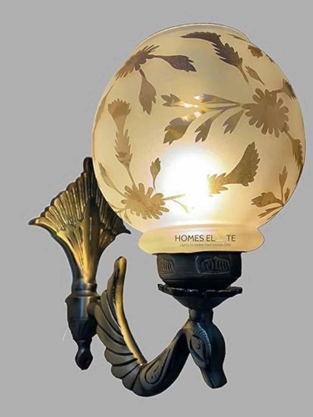 Homes Elite Peacock Wall Sconce – Brass Gold Finish with Floral Glass Shade, Indoor Decorative Lamp (Bulb Included)
