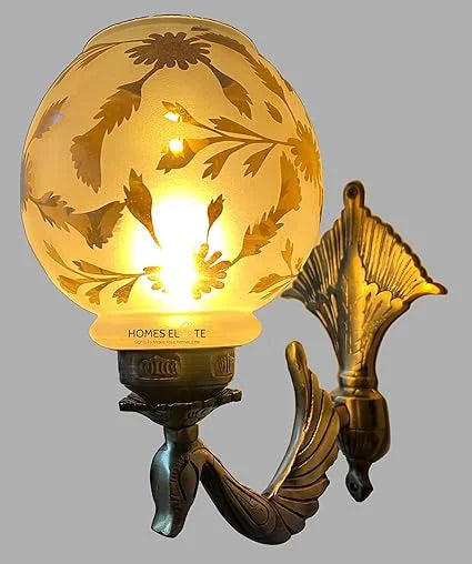 Homes Elite Peacock Wall Sconce – Brass Gold Finish with Floral Glass Shade, Indoor Decorative Lamp (Bulb Included)