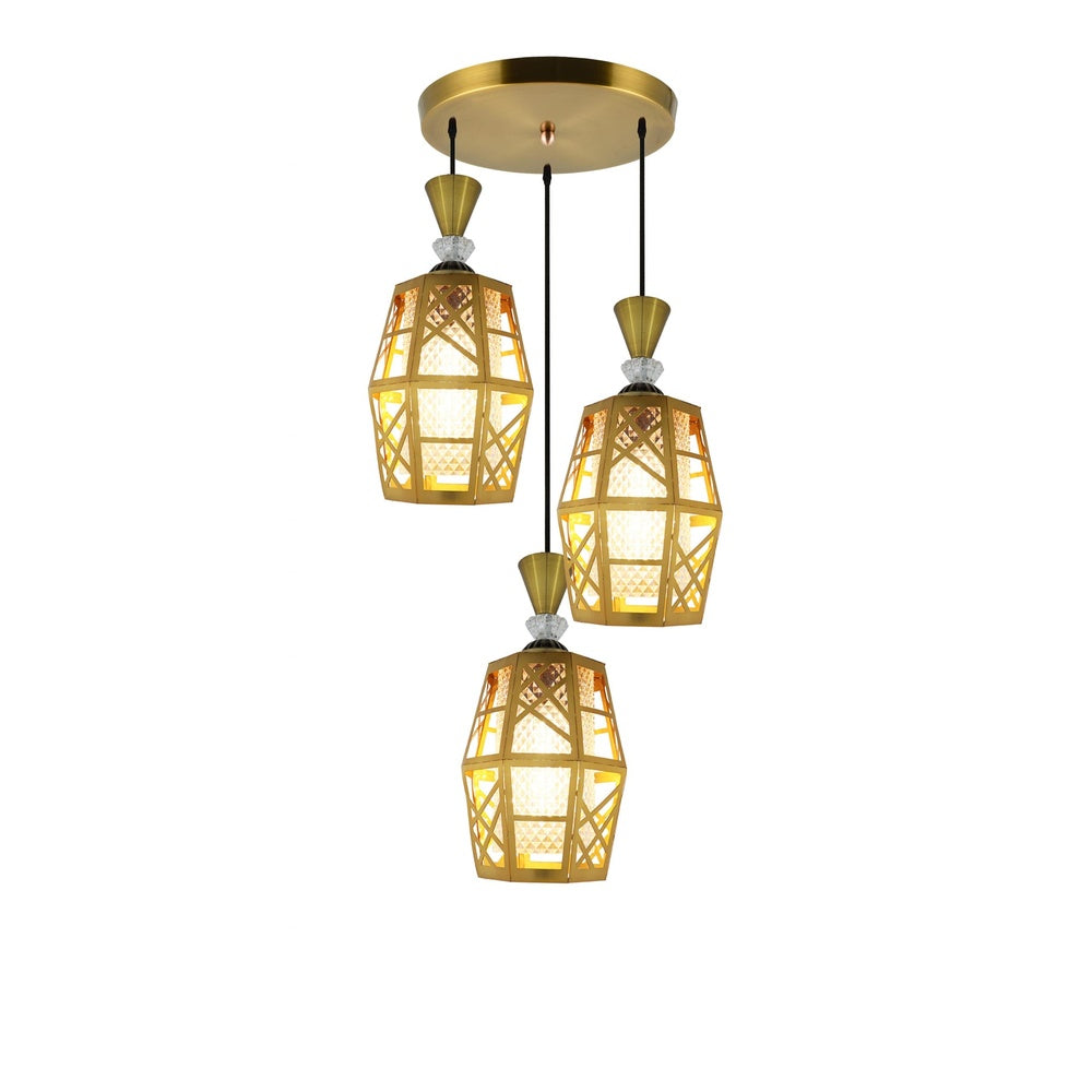 Homes Elite 3-Light Moroccan Hanging Pendant Lamp  Gold Metal Frame with Warm White Glow
