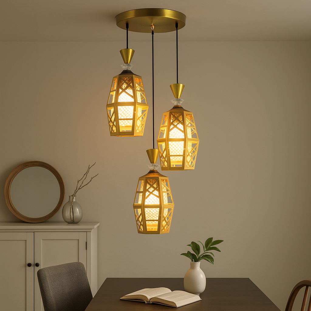 Homes Elite 3-Light Moroccan Hanging Pendant Lamp  Gold Metal Frame with Warm White Glow