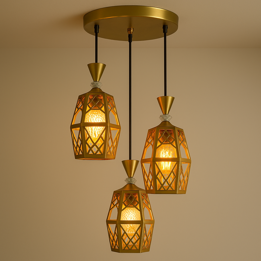 Homes Elite 3-Light Moroccan Hanging Pendant Lamp  Gold Metal Frame with Warm White Glow