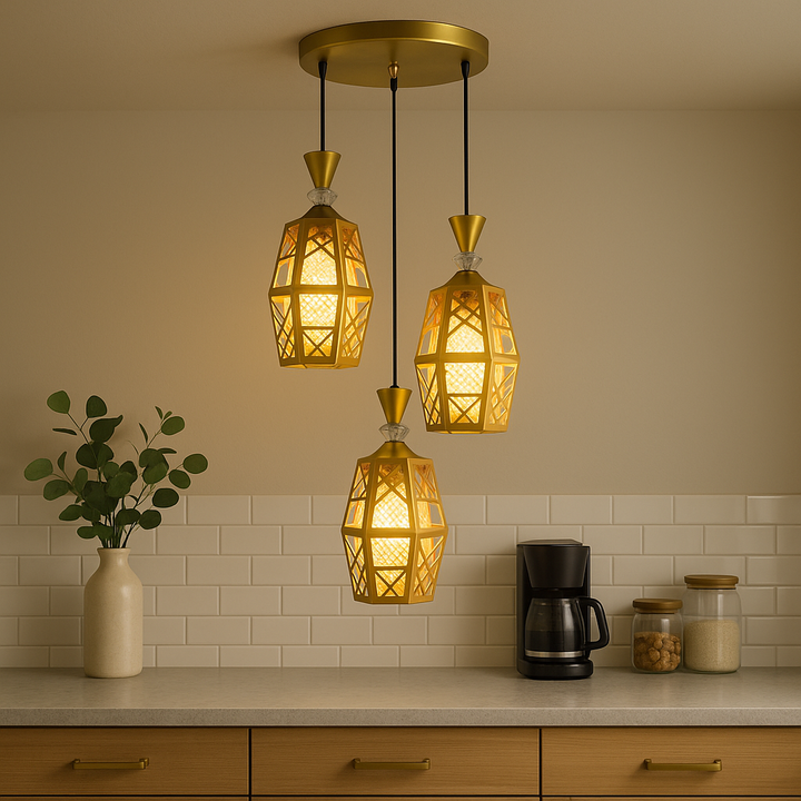 Homes Elite 3-Light Moroccan Hanging Pendant Lamp  Gold Metal Frame with Warm White Glow