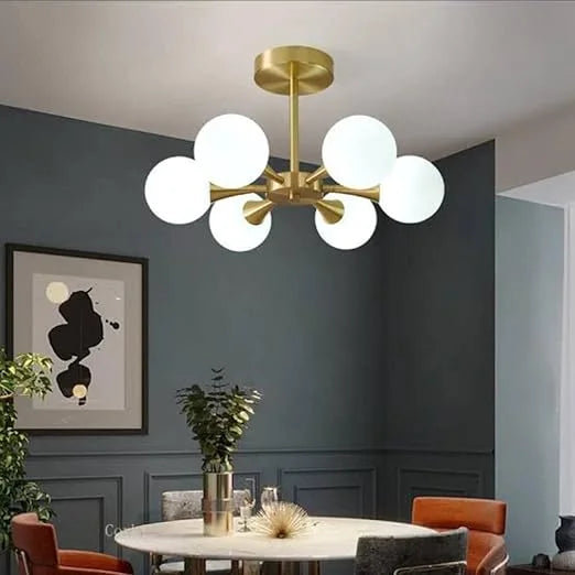 Homes Elite  Modern Globe Chandelier – 8-Light Brass Ceiling Fixture with White Glass Shades