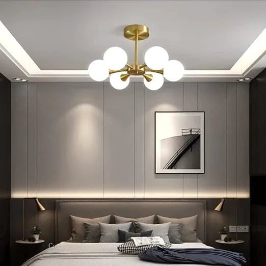 Homes Elite  Modern Globe Chandelier – 8-Light Brass Ceiling Fixture with White Glass Shades
