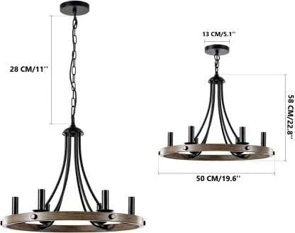 Homes Elite Rustic Farmhouse Chandelier – 6-Light Round Pendant with Bronze & Wood Finish for Living Room, Dining Room, or Hall