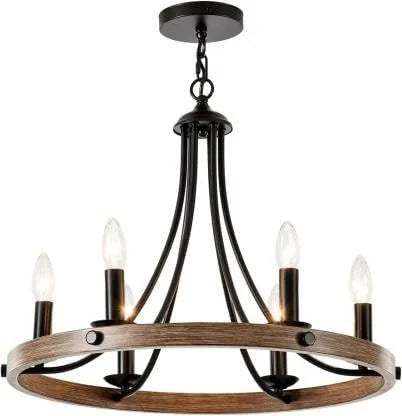 Homes Elite Rustic Farmhouse Chandelier – 6-Light Round Pendant with Bronze & Wood Finish for Living Room, Dining Room, or Hall