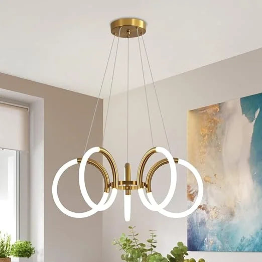 Homes Elite Modern LED Ring Chandelier – Gold Metal Frame with White Acrylic Circles & Adjustable Hanging Suspension