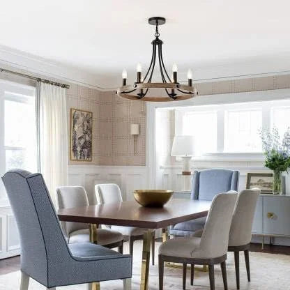 Homes Elite Rustic Farmhouse Chandelier – 6-Light Round Pendant with Bronze & Wood Finish for Living Room, Dining Room, or Hall