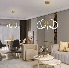 Homes Elite Modern LED Ring Chandelier – Gold Metal Frame with White Acrylic Circles & Adjustable Hanging Suspension