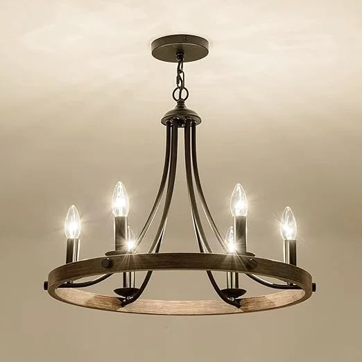 Homes Elite Rustic Farmhouse Chandelier – 6-Light Round Pendant with Bronze & Wood Finish for Living Room, Dining Room, or Hall