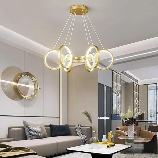 Homes Elite Modern LED Ring Chandelier – Gold Metal Frame with White Acrylic Circles & Adjustable Hanging Suspension