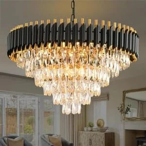 Homes Elite Modern Crystal Chandelier – Luxury Black & Gold Tiered Pendant Light with Crystal Drops for Ceiling Décor