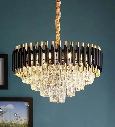 Homes Elite Modern Crystal Chandelier – Luxury Black & Gold Tiered Pendant Light with Crystal Drops for Ceiling Décor