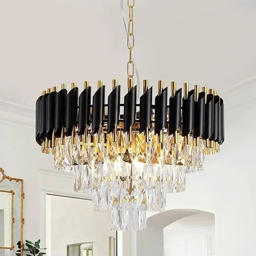 Homes Elite Modern Crystal Chandelier – Luxury Black & Gold Tiered Pendant Light with Crystal Drops for Ceiling Décor