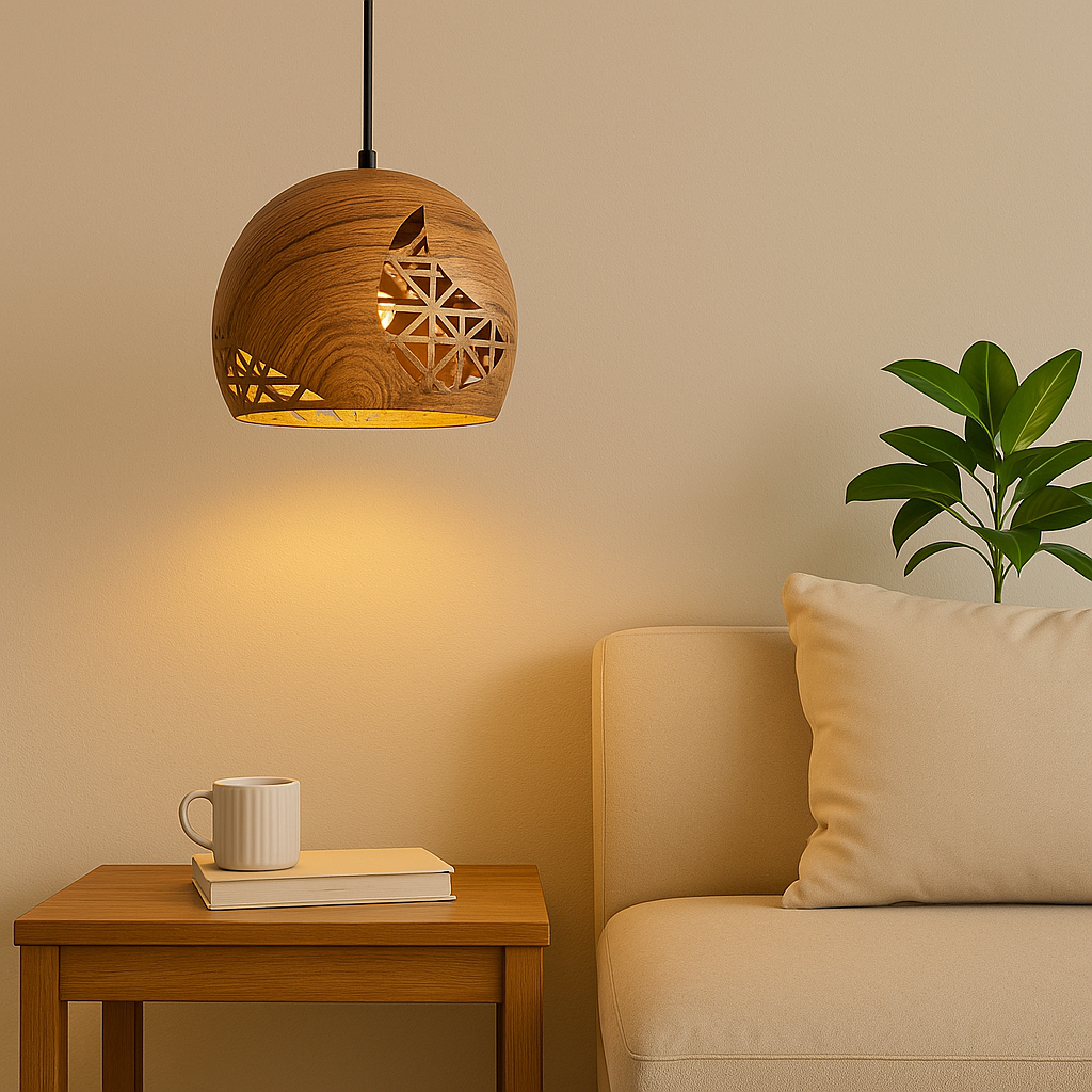 Homes Elite Wooden Pendant Light with Geometric Cutout 200 MM Dome Hanging Lamp