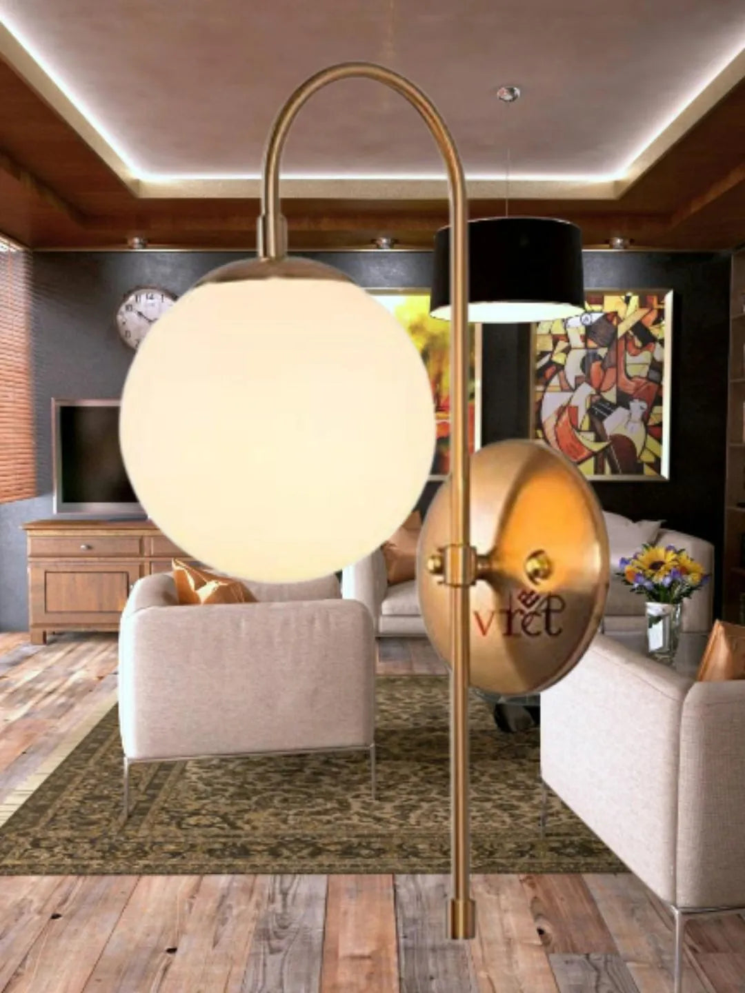 Homes Elite Modern Globe Wall Sconce – Gold Metal Finish with White Glass Shade, Contemporary Wall Lamp