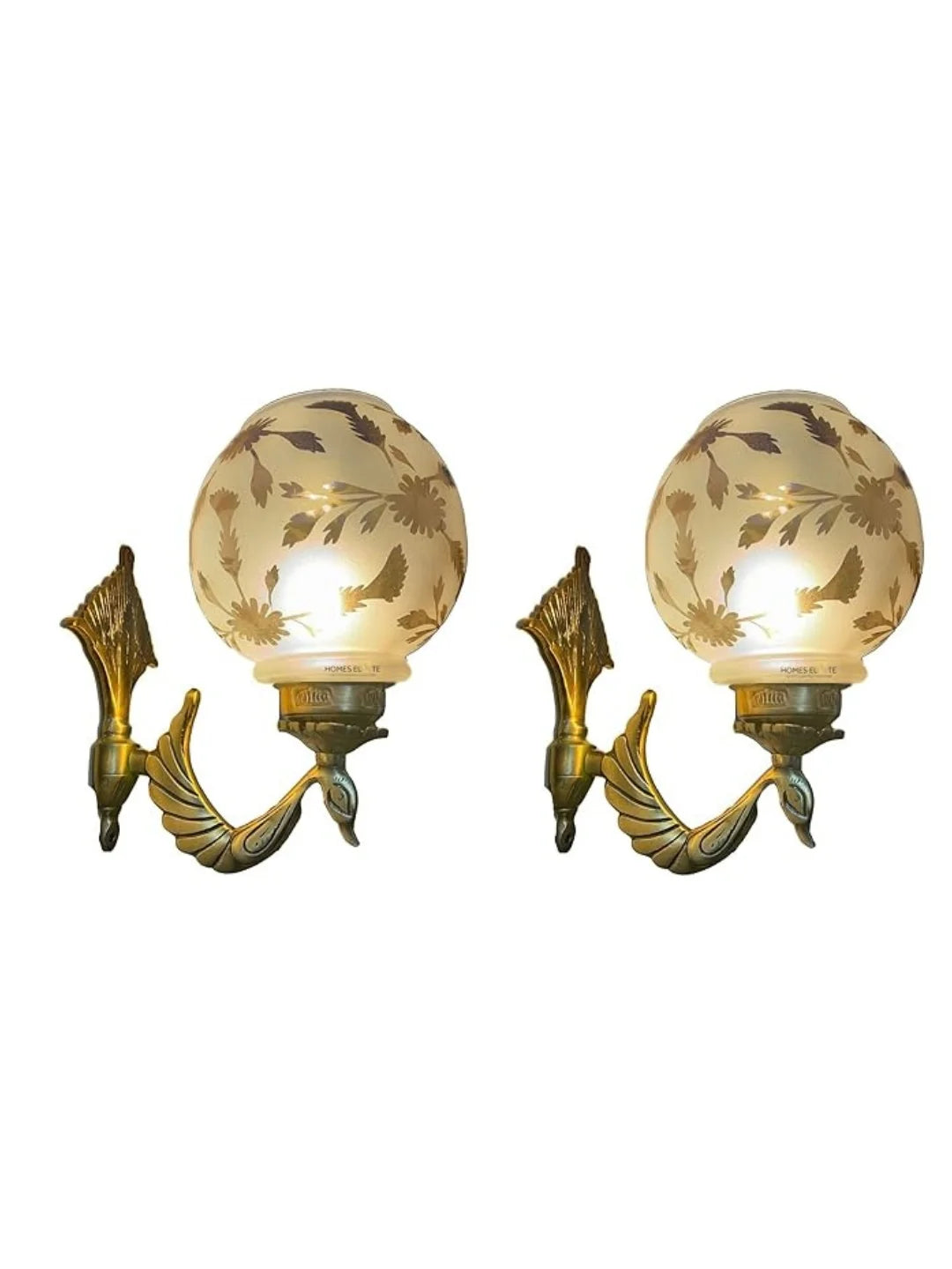 Homes Elite Peacock Wall Light – Brass Gold Finish with Floral Glass Shade (Pack of 2)